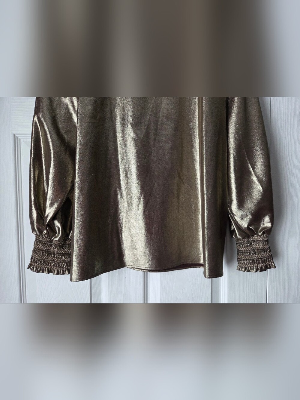 Karl Lagerfeld Paris Metallic Gold Smocked High-Neck Blouse Size M - Picture 10 of 12
